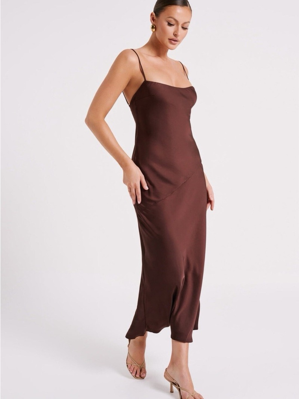 Meshki Brynnlee Chocolate Brown Low-Back Satin Slip Dress - size XS